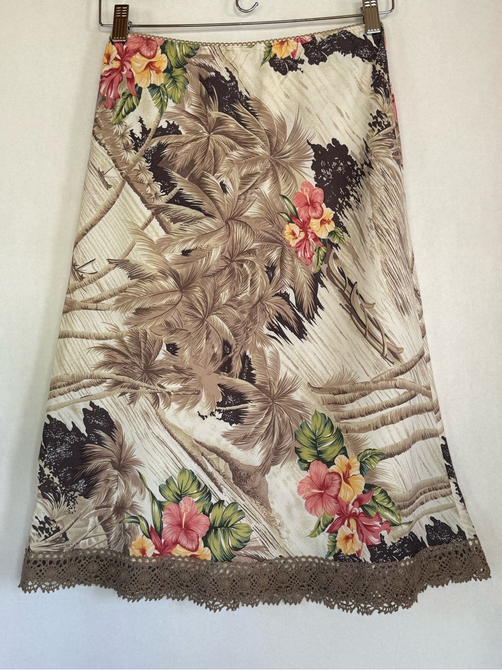 Tropical Midi Skirt in Beige with Crochet Hem